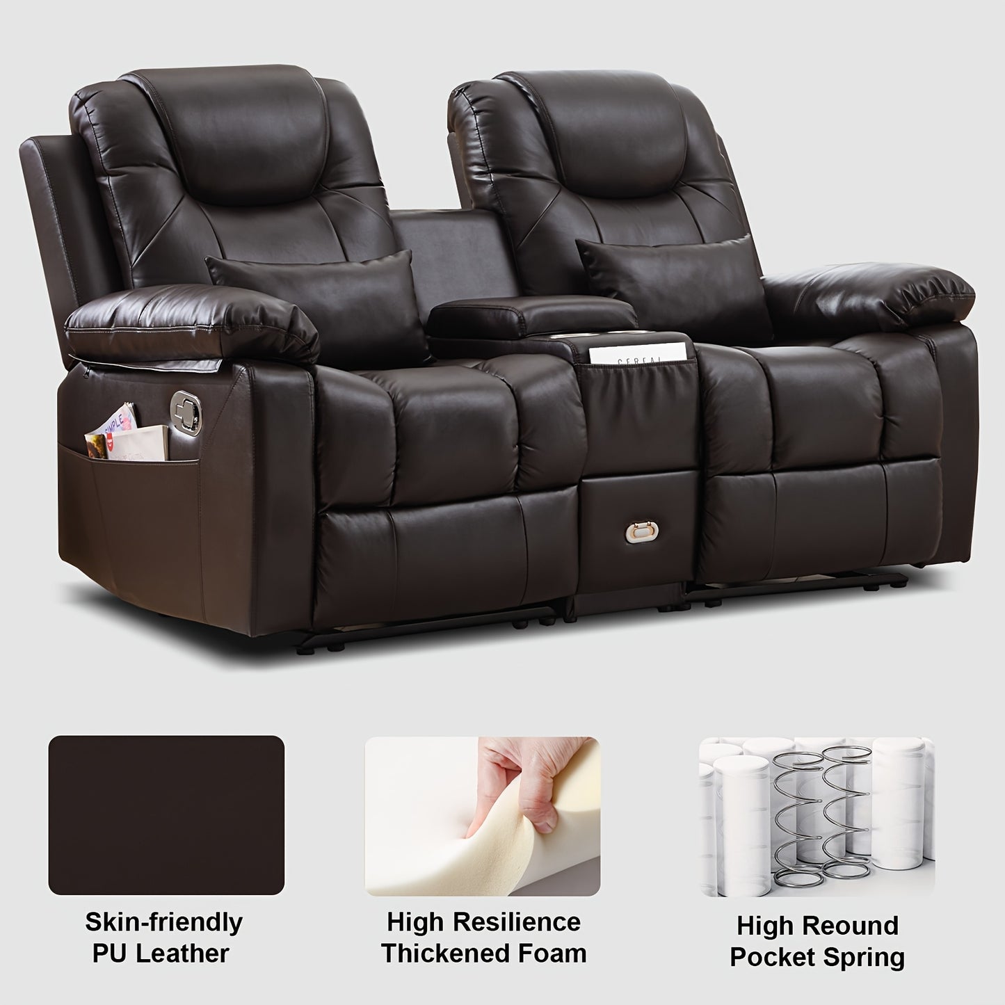 63" Brown Faux Leather Recliner Sofa with Console, Cup Holders, Lumbar Pillow & Storage Pocket - Contemporary Metal Frame Office Chair for Home or Office Use