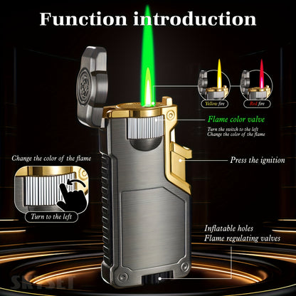 Butane Lighter Available in Three Colors, Featuring a Flame Switch, Windproof Design, And Direct Ignition. This Inflatable Lighter Is Made of Metal And Allows for Flame Size Adjustment