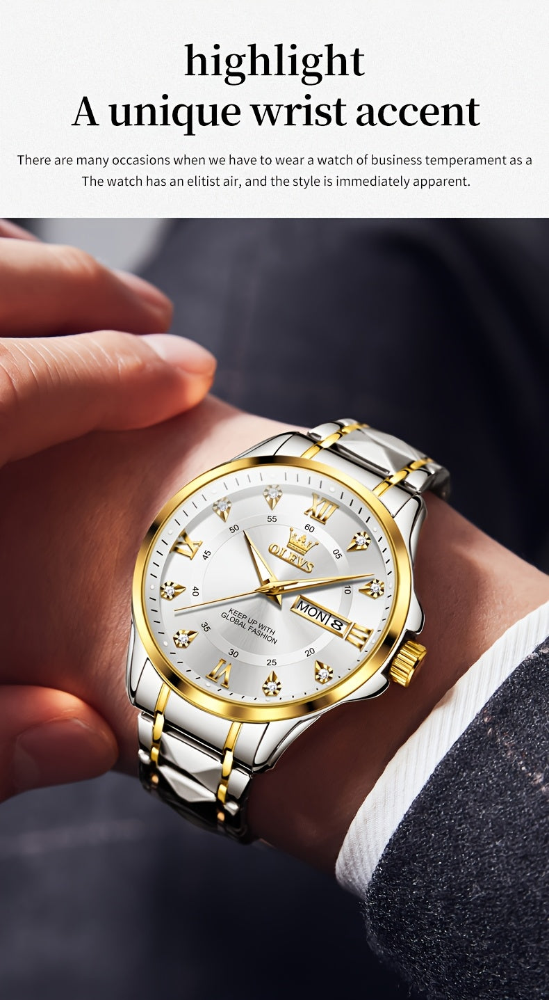 OLEVS Men's Luxury Business Chronograph Watch - Stainless Steel Dual Date & Day Calendar, Luminous Hands, Quartz Movement, Black Dial with Golden Accents for Formal & Casual Wear, Professional Timepiece, Sophisticated Style,