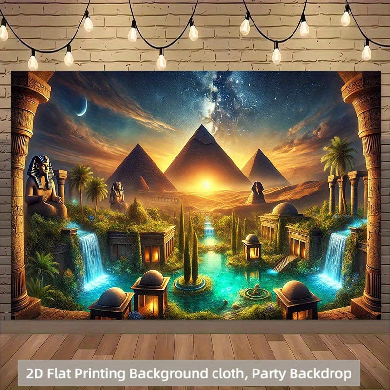 2D Flat, 1pc Egyptian Pyramid and Oasis Polyester 71x91 Inch Party Banner - No Power Needed, Easy to Hang Backdrop for Living Room, Bedroom, Office, Outdoor Durable Wall Decor, Garden Decoration, Home Decoration, Event Decora