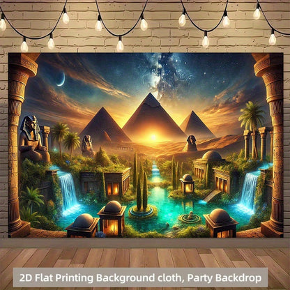 2D Flat, 1pc Egyptian Pyramid and Oasis Polyester 71x91 Inch Party Banner - No Power Needed, Easy to Hang Backdrop for Living Room, Bedroom, Office, Outdoor Durable Wall Decor, Garden Decoration, Home Decoration, Event Decora