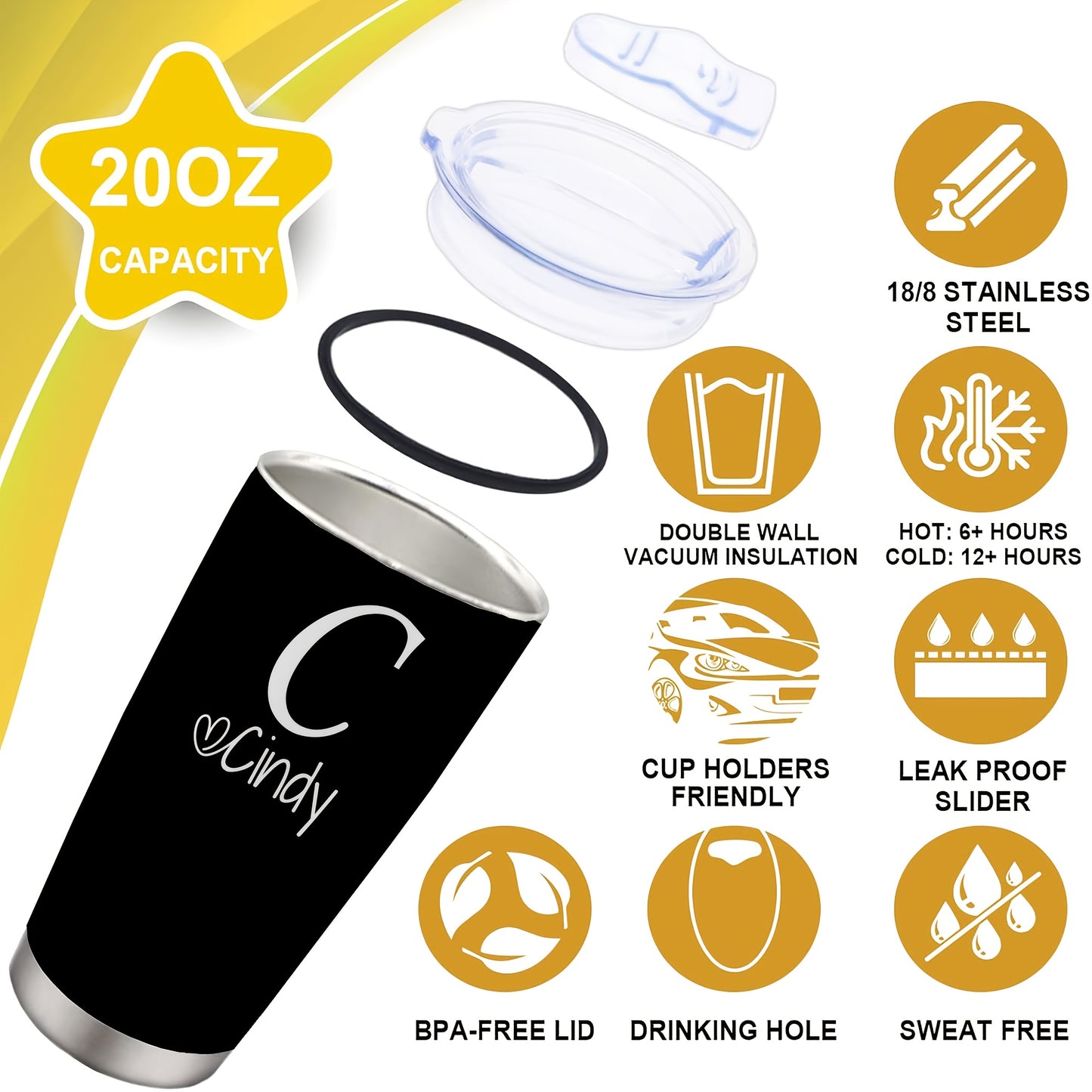 Personalized Stainless Steel Tumbler 20oz - Custom Name/Initials/Text - Double-Wall Insulated Cup with Leakproof Lid & Elegant Cursive Lettering - White with Black Lettering - Ideal Gift for Valentine's, Birthday, Office, Tra
