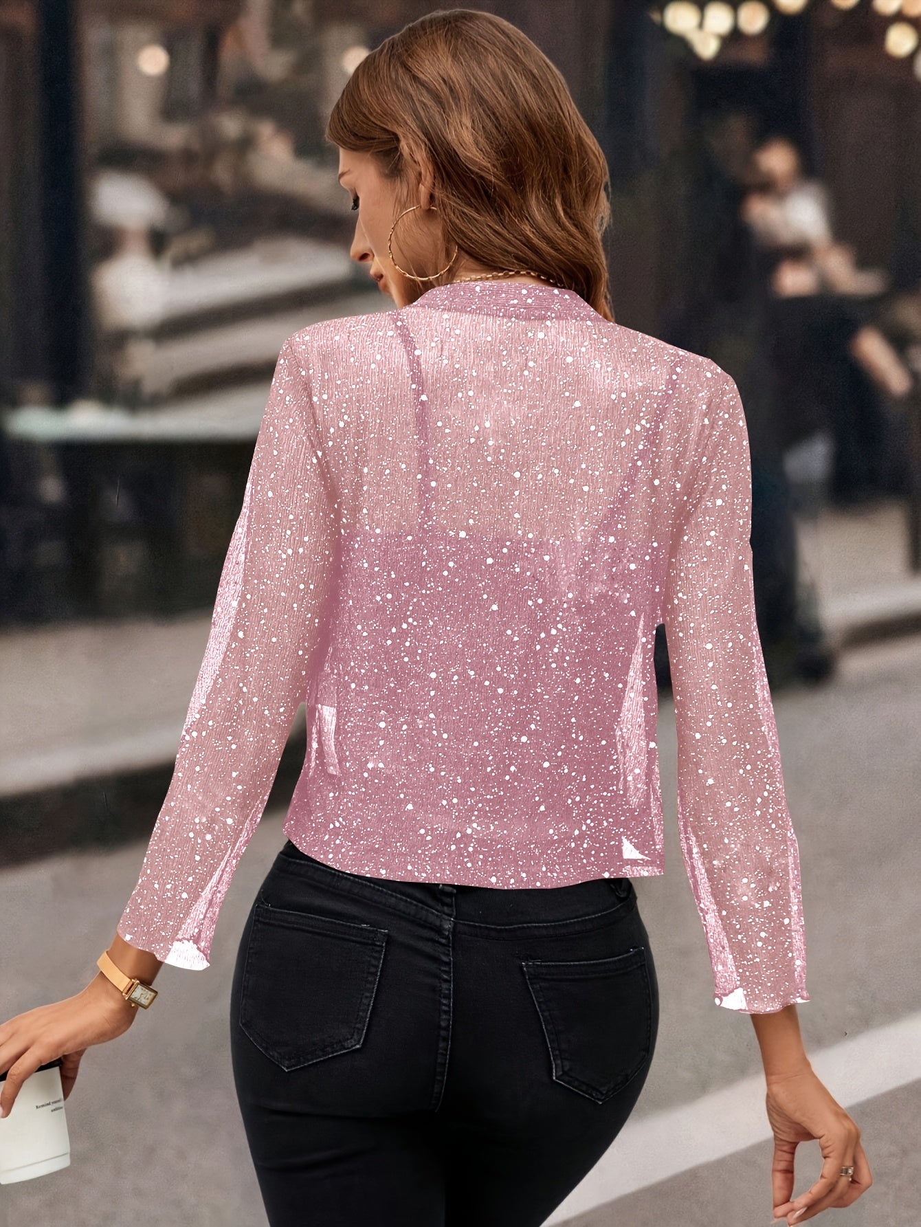 Women's Glitter Sequin - Golden Foil Pleated Fabric - Cardigan Jacket - 3/4 Sleeve Short Cropped Blazer for Business Casual