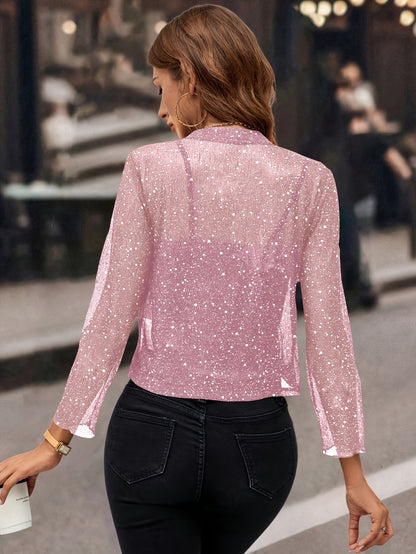 Women's Glitter Sequin - Golden Foil Pleated Fabric - Cardigan Jacket - 3/4 Sleeve Short Cropped Blazer for Business Casual