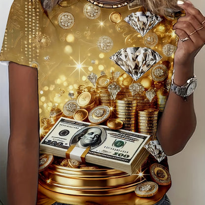 Women's Luxury Glam T-Shirt - Ultra-Shiny Golden & Diamond Print with Dollar Bills & Coin Design - Sparkling Wealth Party Outfit - Machine Washable Non-See-Through Fabric - Birthday/Anniversary Gift for Women - Elegant Casual