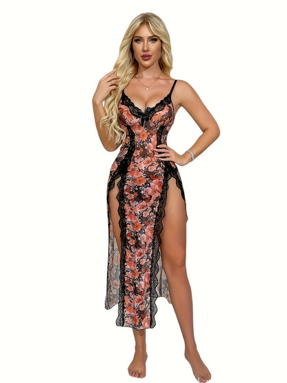 Women'S Retro Orange Rose Petal Nightgown - Sexy High-Slit Sleepwear with Sheer Net Fabric, Thin Shoulder Straps, Vintage Sexy Style, Private Underwear