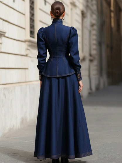 2pcs Set: Navy Blue Waist-Defining Top + Full-Skirted Long Dress | Women'S Retro-Chic, Elegant Pieces Perfect for Casual Dates, Urban Strolls, Exploring Artsy Spots, And Spring/Fall Outfits