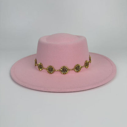 1pc Bohemian-style Unique and Fashionable Felt Hat - Decorated with Exquisite Golden Flower Chain Fedora Hat - Suitable for Daily Street Style, Music Festival Outfits, Bohemian-inspired Looks, Casual Outings and Trendy Season