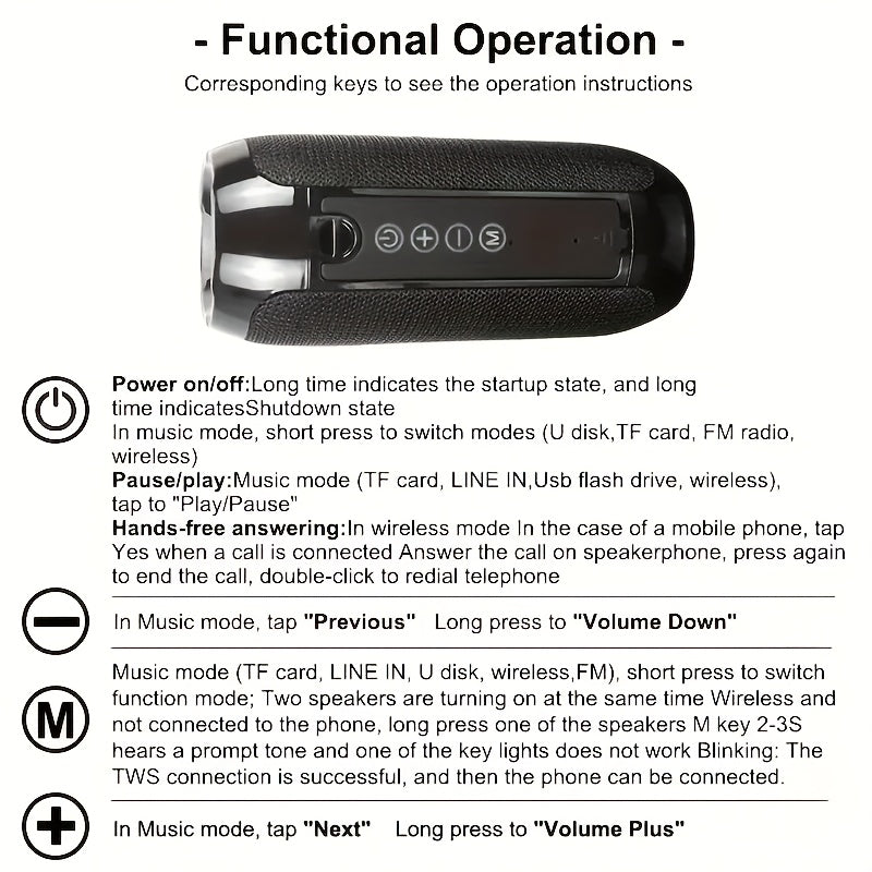 TG117 Portable Wireless Speaker, IPX4, TWS Stereo, Compatible With FM TF USB Insertion Card, Connected To Phone/tablet/TV, Wireless Portable Audio, Electronic Products, Birthday Party Gifts, Thanksgiving, Christmas Gifts