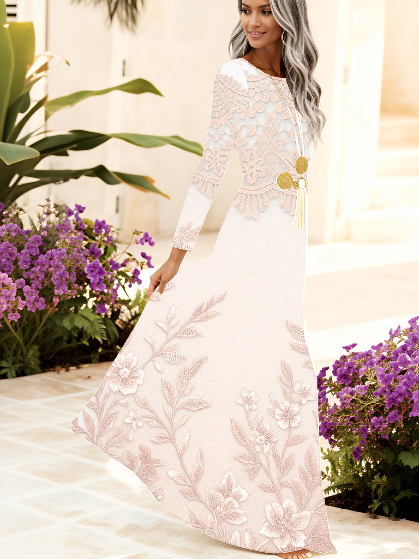 Plus Size, Elegant Long Sleeve Robe Maxi Dress - Beige Lace & Floral Embroidery Wedding Dress, Round Neck Formal Gown for Bridal, Autumn/Winter Ceremonies, Machine Washable