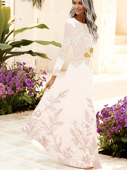 Plus Size, Elegant Long Sleeve Robe Maxi Dress - Beige Lace & Floral Embroidery Wedding Dress, Round Neck Formal Gown for Bridal, Autumn/Winter Ceremonies, Machine Washable