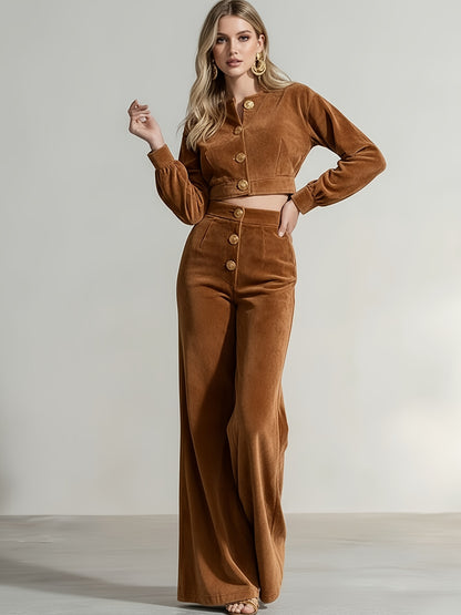 Two-Piece Ensemble: A Cropped Top in Caramel-Hued Corduroy with Metal Buttons Paired with Bell-Bottom Trousers | A Retro-Modern Design for Women, Ideal for Daily Wear, Social Gatherings, And Autumn/Winter Attire