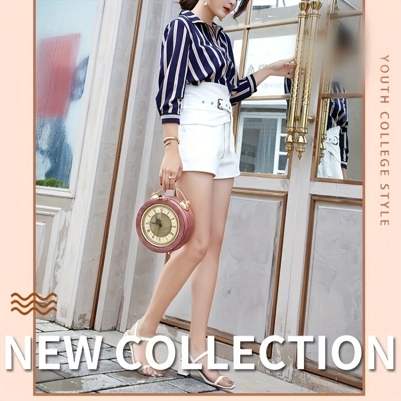 Vintage-Inspired Clock Handbag with Adjustable Strap – Stylish Round Design in Caramel, Pink, or Black – PU Material, Zip Closure, Perfect for Casual Outings
