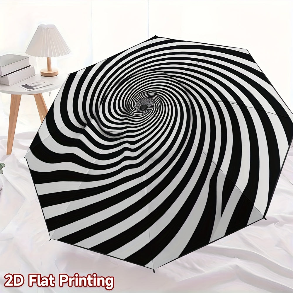 1pc Automatic Open/Close Umbrella with Auto-Folding Mechanism, 8-Rib Heavy-Duty Iron Frame & Black/White Spiral Canopy - Automatic Folding Portable Travel Umbrella for Men & Women, Compact  Umbrella for Everyday Carry, Perfec