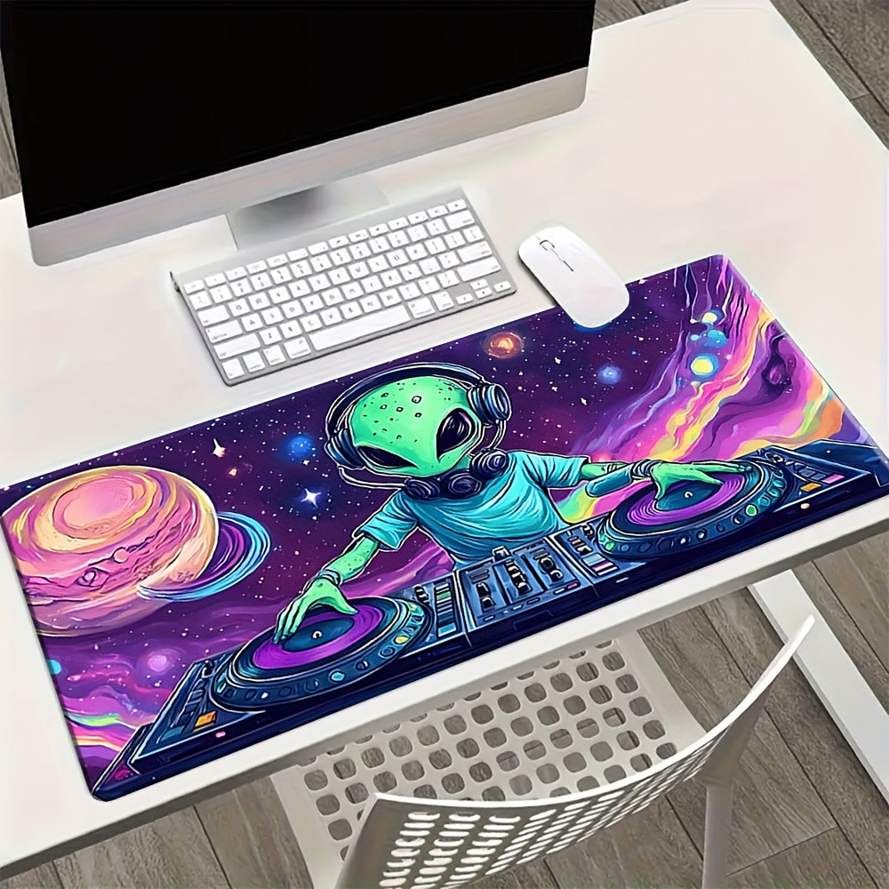 1pc Extra-Large Gaming & Office Desk Mat - Alien DJ Design with Spinning Board, Non-Slip Surface, Soft Touch, Large Rectangular Mouse Pad for PC, Laptop, Gaming Setup - Ideal For Gamers, Office Workers, Abstract Art Style, Sm