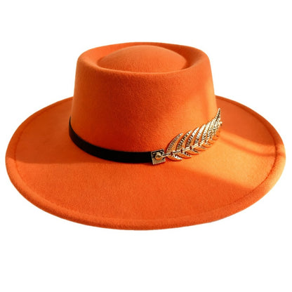 1pc Women'S Retro Wide-Brimmed Fedora Hat with Metal Crescent & Black Leather-like Band - Vibrant Orange/Red/Green/Black/Navy Blue/Purple/White - Elegant Non-Stretch Design for Autumn Winter, Music Festivals, Christmas & Dail