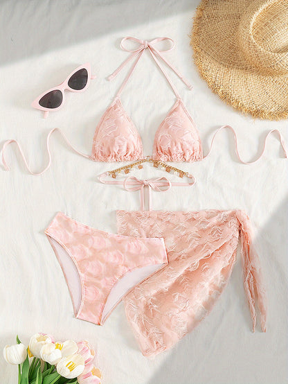 Pink Lace Bikini Three-Piece Set | Tie Halter Design with Pearl Chain, Includes Cover-Up Skirt, Sweet Vacation Beach Swimsuit, High Stretch Fabric