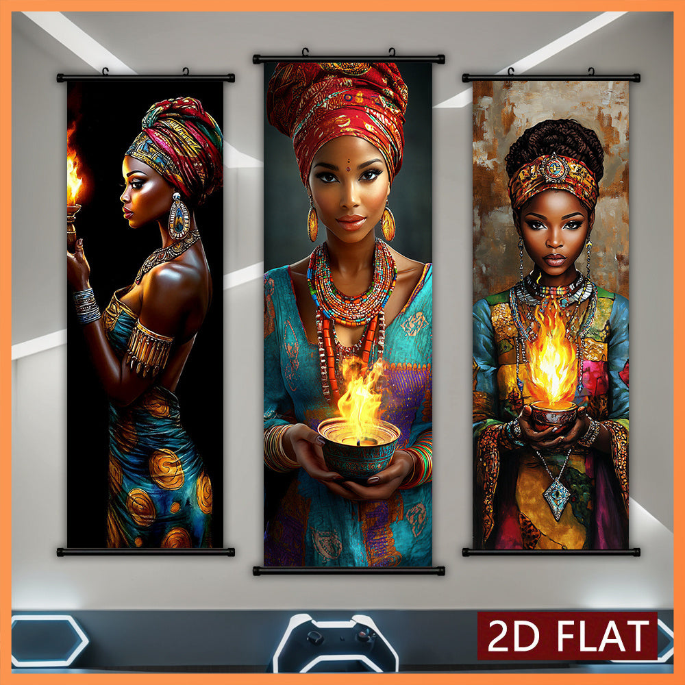 2D/ FLAT-3pcs African flame women wall murals, African women holding flame containers and wearing exquisite jewelry, high-definition high-quality printing, ink artwork poster, suitable for living room, bedroom, office decorat