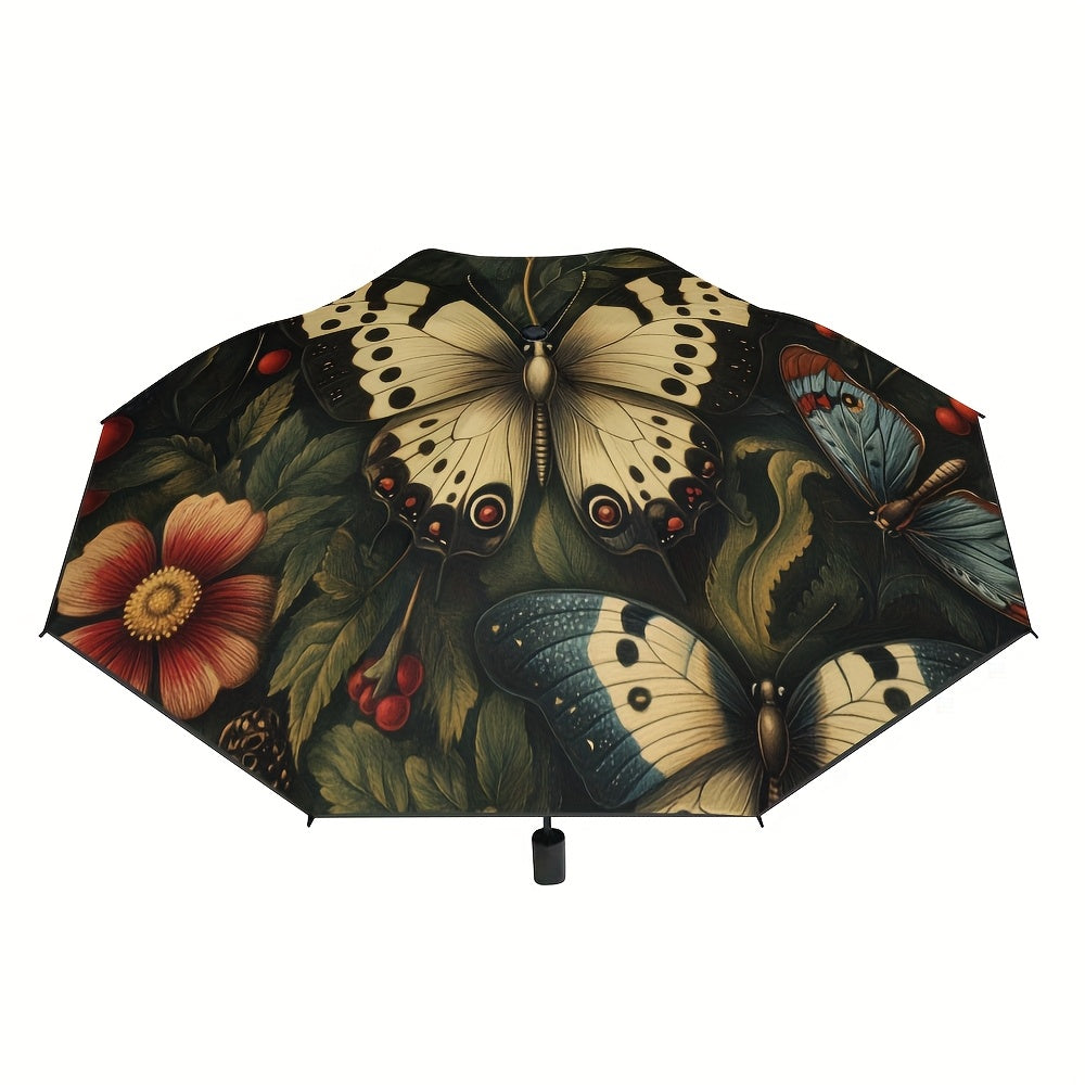1pc Open/Close Compact Umbrella with & Heavy-Duty 8-Rib Frame - & Forest Bloom Pattern (Butterflies/Tortoiseshell) - Portable Folding Umbrella for s, &, Fits in Briefcase/ Box -