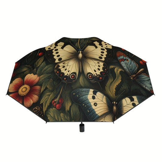 1pc Open/Close Compact Umbrella with & Heavy-Duty 8-Rib Frame - & Forest Bloom Pattern (Butterflies/Tortoiseshell) - Portable Folding Umbrella for s, &, Fits in Briefcase/ Box -