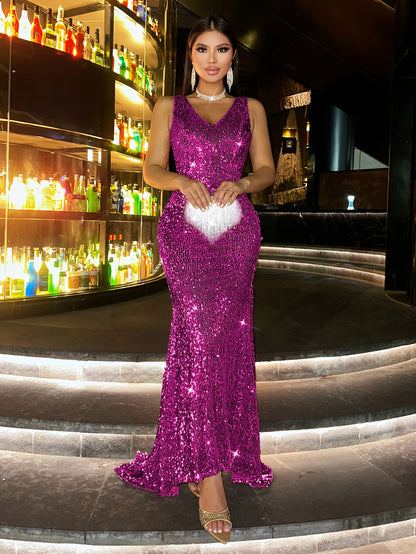 New Sequin Women's Long Dress, Gorgeous Elegant Evening Party Formal Wear Slim High-Waisted Off Shoulder Backless Bridal Wedding Guest Outfit for Travel Music Festival Banquet