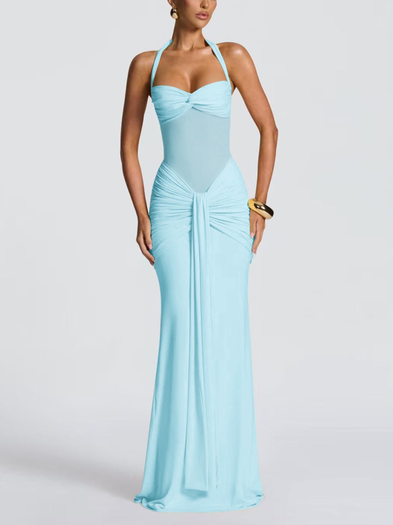 Women's Elegant Ruched Halter Neck Maxi Dress, Slim Fit Summer Party Dress