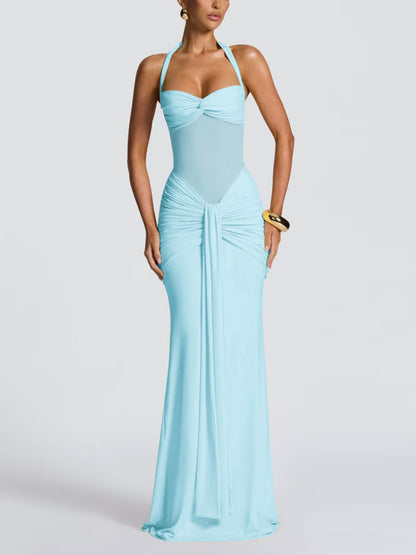 Women's Elegant Ruched Halter Neck Maxi Dress, Slim Fit Summer Party Dress