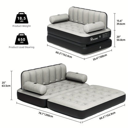 Inflatable Air Sofa Bed 2-in-1 Backrest Couch Airbed W/Headboard And External Pump, Portable Convertible Blow Up Bed Mattress W/Storage Bag, Sofa W/Build-in Cup Holders Arm, For Home, Outdoor Camping And Guests, Living Room F