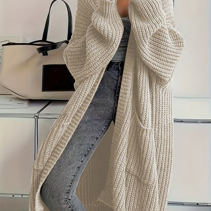 Plus Size, Solid Color Plus-Size Women's Long Pocket Cardigan Loose Over-the-Knee Sweater Coat Fashion Versatile Outerwear