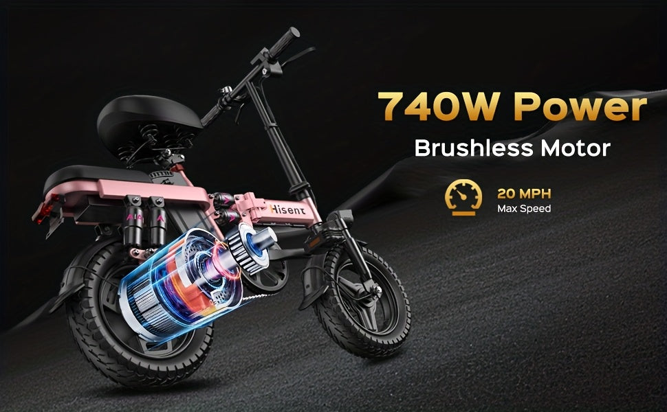 Hisent Adult Electric Bicycle, 48V 6A10A/15A/17.5A Lithium Battery, 20MPH, 8-35 Miles Range, 740W Brushless Motor, Multiple Shock Absorbers, 14" High-quality Tires, 3-step Folding, LCD Display, with Headlight And Taillight, C