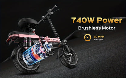 Hisent Adult Electric Bicycle, 48V 6A10A/15A/17.5A Lithium Battery, 20MPH, 8-35 Miles Range, 740W Brushless Motor, Multiple Shock Absorbers, 14" High-quality Tires, 3-step Folding, LCD Display, with Headlight And Taillight, C