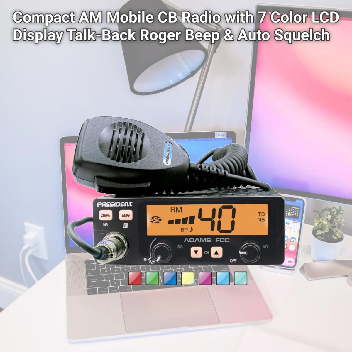 212 Main Compact AM Mobile CB Radio with 7 Color LCD Display Talk-Back Roger Beep &amp; Auto Squelch