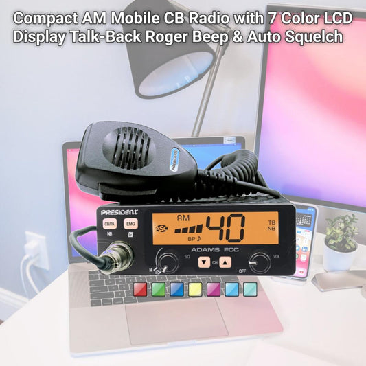 212 Main Compact AM Mobile CB Radio with 7 Color LCD Display Talk-Back Roger Beep &amp; Auto Squelch