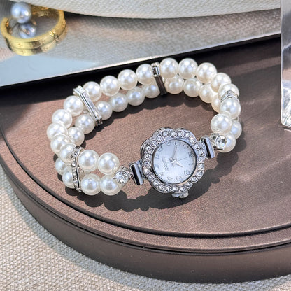 Double-row Imitation Elastic Watch for Women, Light Luxury Flower Zirconia Watch, Bracelet Watch for Women, Hand Watch for Women, Formal Wristwatch, Women'S Watch, Floral Design, Elegant Bracelet, Alloy Case, Quartz Movement,