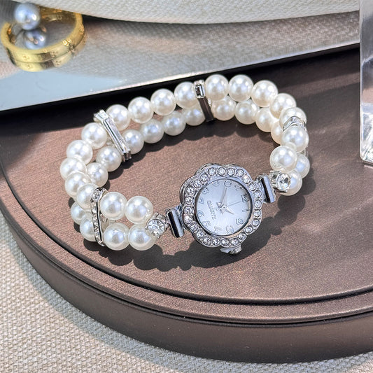 Double-row Imitation Elastic Watch for Women, Light Luxury Flower Zirconia Watch, Bracelet Watch for Women, Hand Watch for Women, Formal Wristwatch, Women'S Watch, Floral Design, Elegant Bracelet, Alloy Case, Quartz Movement,
