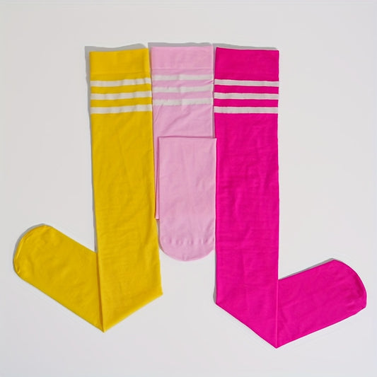 Five Pairs of Thin Velvet Over-the-knee Socks in Rose Red, Pink, Bright Yellow, Solid Colors, and Stripes. Smooth Nylon, Comfortable and Cute. Suitable for Students, Dance, Skating, and Other Activities, for Teenager
