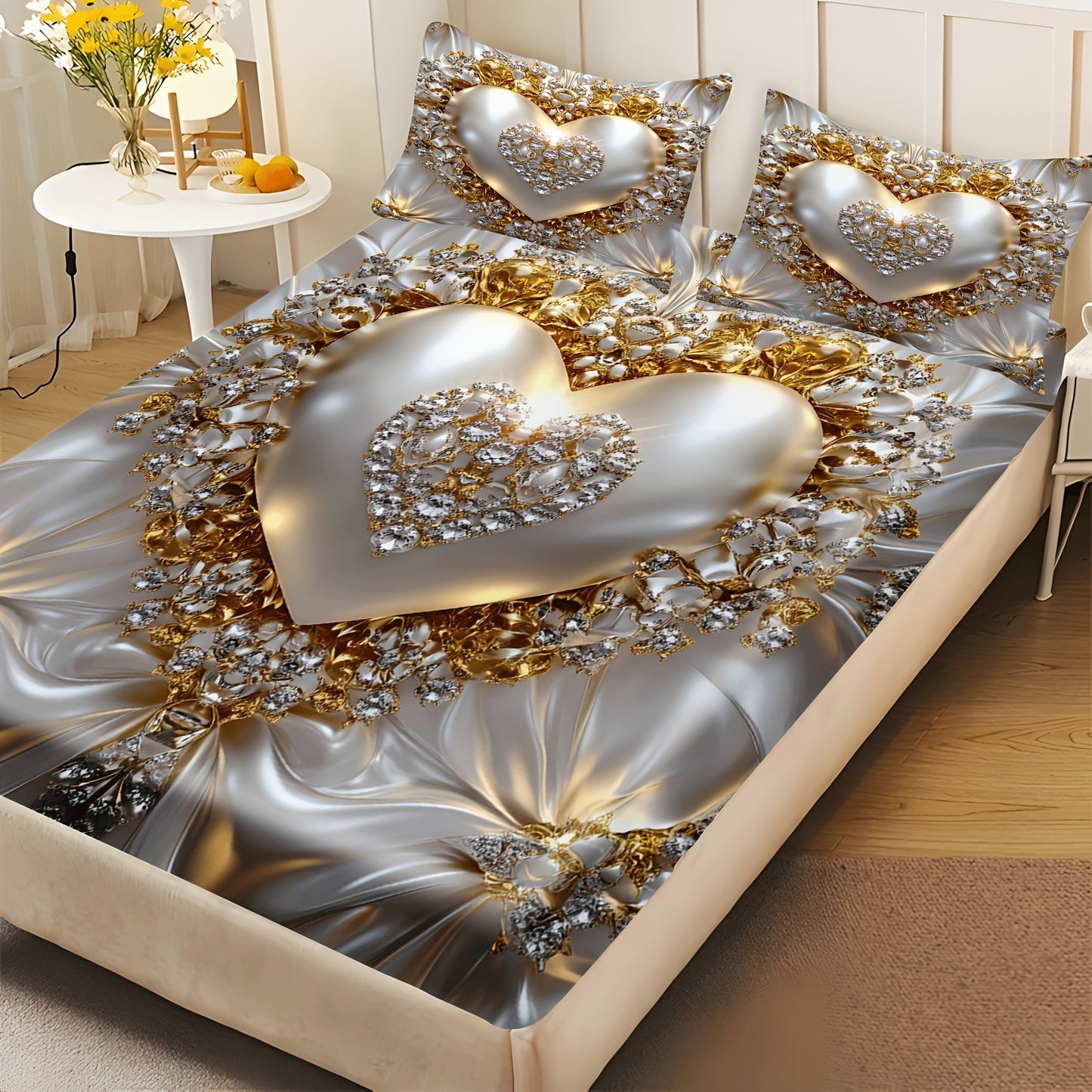 3pcs Heart Jewel Print Fitted Sheet Set, Golden Heart with Gemstones, Breathable Polyester, Machine Washable for All Seasons Ideal for Bedroom Guest Room Master Suite and More Includes 1 Fitted Sheet and 2 Pillowcases No Matt