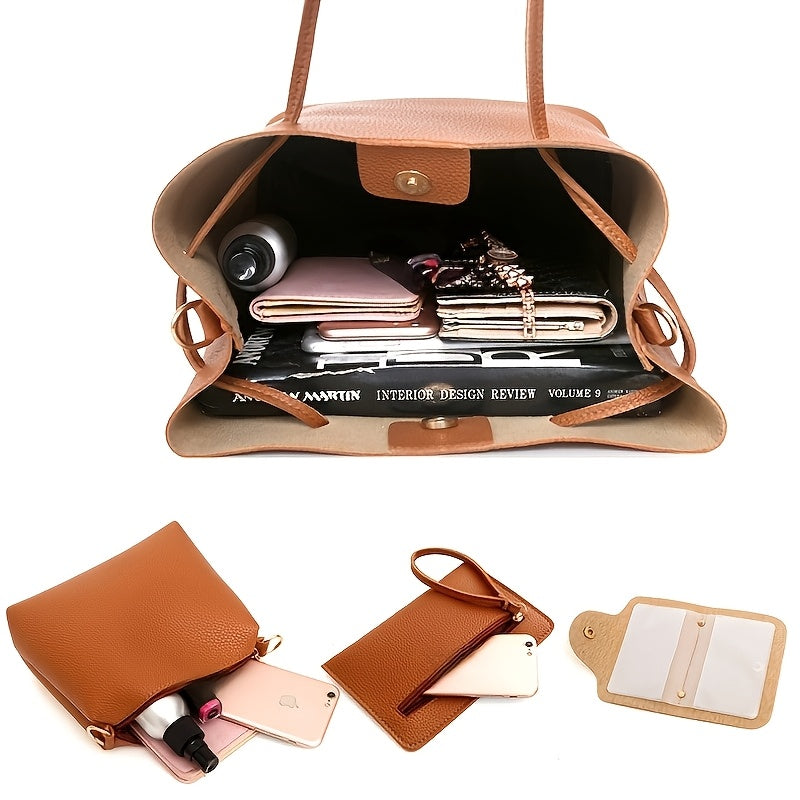 New 4pc Large Capacity Leather Handbag Solid Color Lychee Texture Shoulder Bag Bucket Bag Purse