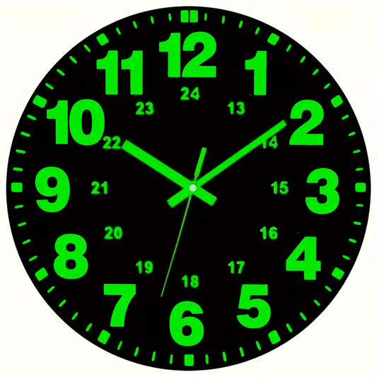1pc Glow-in-the-Dark Wall Clock - 12 Inch Silent Non-Ticking Vinyl Round Clock with Green Numbers & Hands, Flat Crown Design, AA Battery Operated (Not Included) for Bedroom & Living Room Decor, Clock for Living Room, Durable