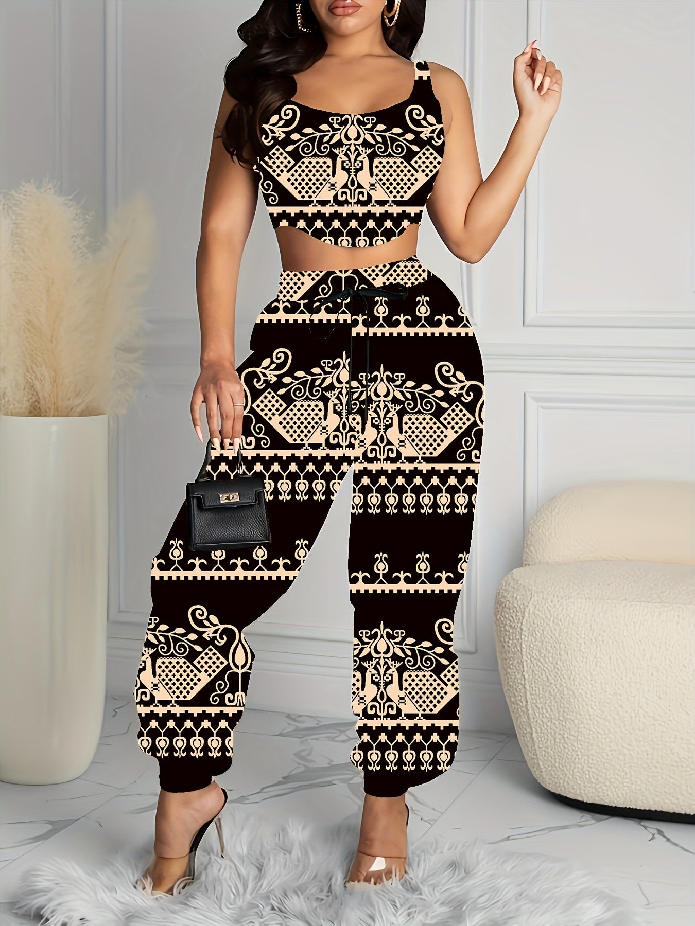 Women'S Stylish Black Paisley Print Tank Top And Drawstring Pants Set