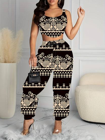 Women'S Stylish Black Paisley Print Tank Top And Drawstring Pants Set