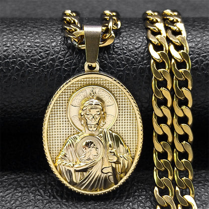 Men's Sacred Heart Necklace - Elegant Golden Medal Pendant, Durable Chain for Formal & Everyday Jewelry - Ideal Gift for Birthdays, Anniversaries, Father's Day - Year-Round Luxury Necklace for Him, Classic Link Chain, Robust