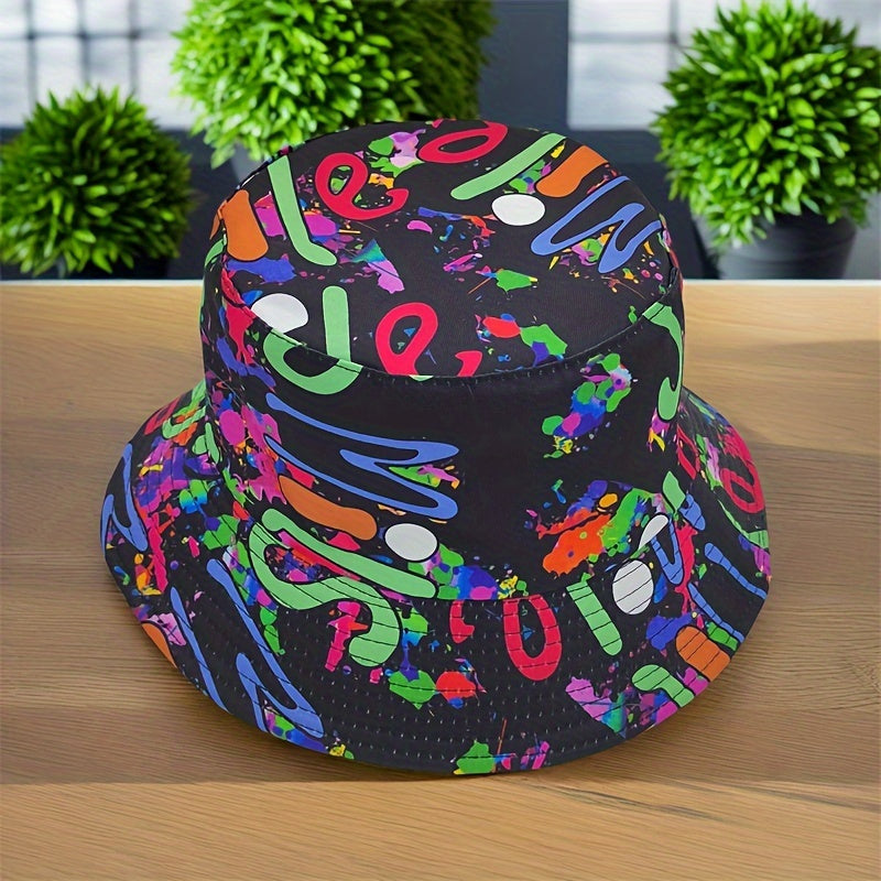 Bucket Hat - Unisex - Graffiti Print - Reversible Closure - Hand Washable - 100% Polyester Lightweight Fabric - Tie-Dye Pattern - Handmade Printing - All-Season Outdoor Fashion Accessory - For New Year Celebration