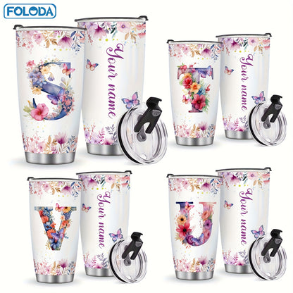 Foloda 1pc Personalized Flower Initials Tumbler Christmas Gift 20oz Mug with Letter Flower Butterfly, Travel Cup for Wedding Birthday Graduation Party, Birthday Valentine's Day Mother's Day Gifts Stainless Steel Mug with Lid
