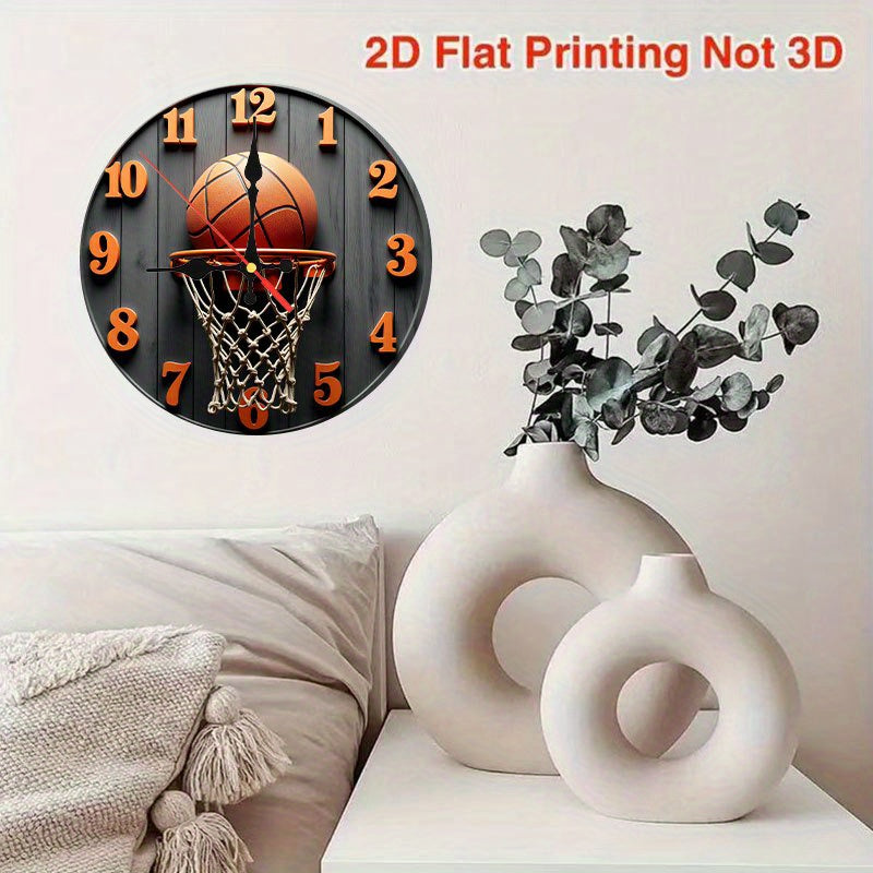 1 wall-mounted clock, 2D flat 10-inch Retro basketball round wooden wall-mounted clock, battery-powered (excluding AA battery), suitable for home, kitchen, swimming pool or bathroom decoration, living room wall-mounted clock,
