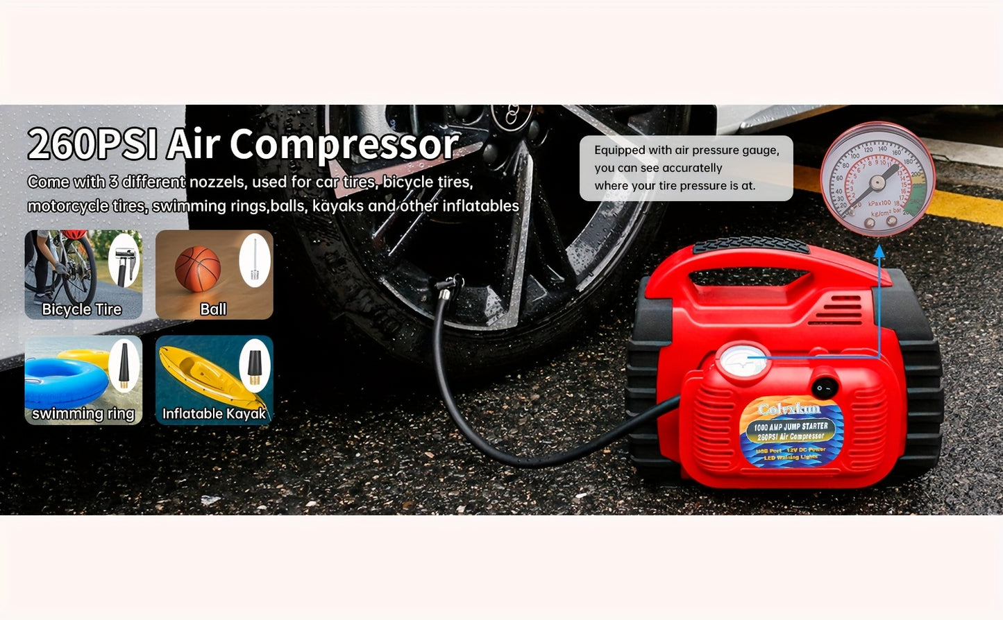 1000 Amp 12V Portable Car Jump Starter with Air Compressor, & Fast Charge - Heavy-Duty 260PSI Air, USB/ Lighter Power, Lithium-like Lead Acid Battery Booster for Trucks, RV, Boats, Motorcycles (Battery &