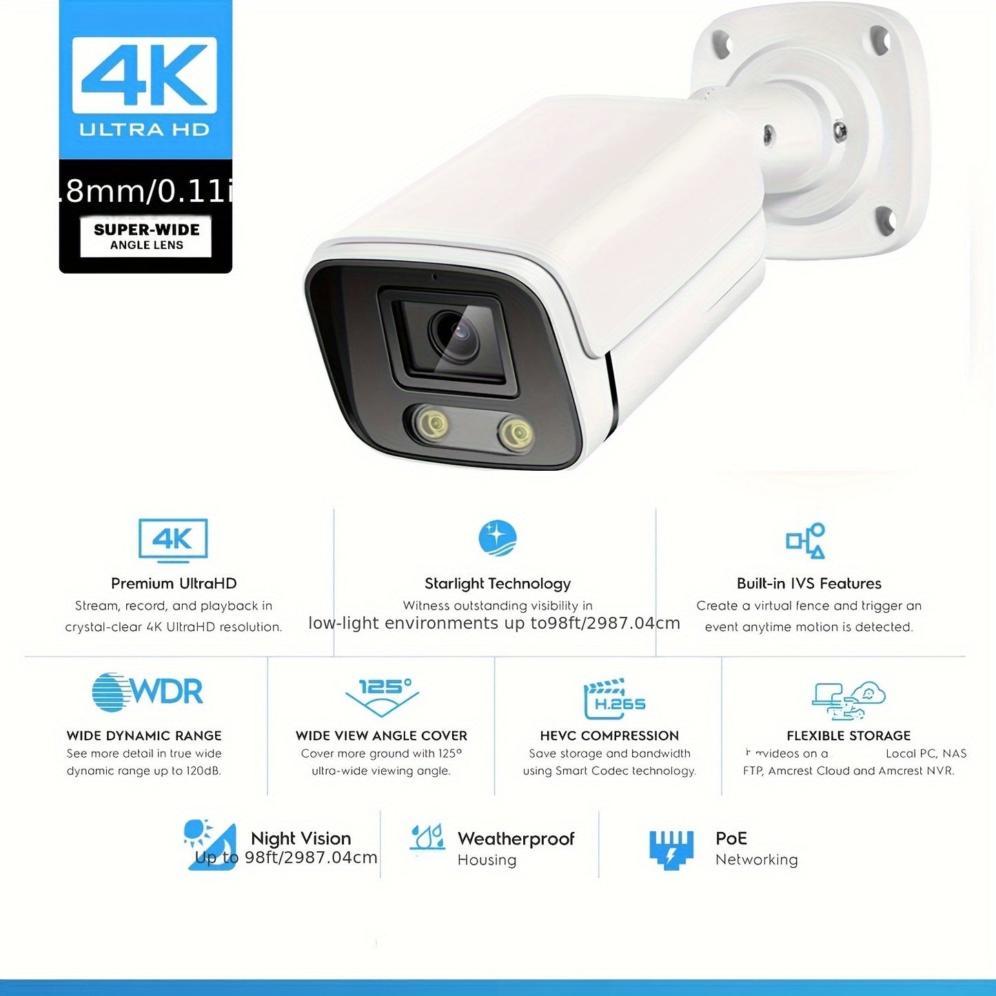 POE gun camera, 8-megapixel camera, full-color night vision, human body detection and one-way audio, outdoor video surveillance camera, RTSP/108°/2.8/mm, IP67 metal shell camera, wired network port connected to NVR, Christma