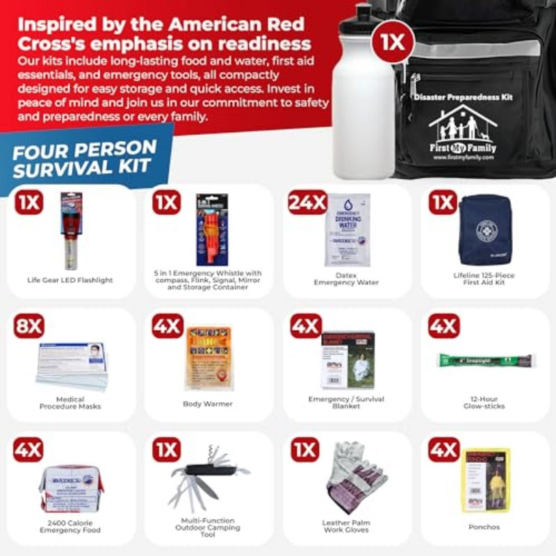 First My Family AllinOne 4 Person 72 Hour Emergency Survival Kit for Fires Earthquakes Hurricanes Floods Tsunami and Other Disasters Premium Black Backpack