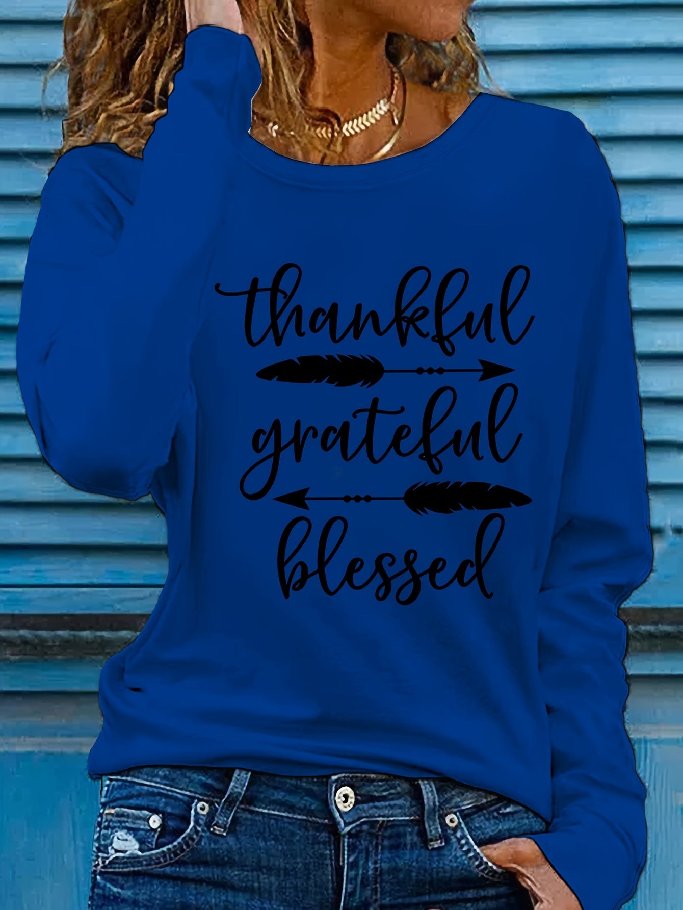 Women's Beige Thankful Grateful Blessed Print Long Sleeve T-Shirt - Loose Fit Round Neck Casual Top with Cursive Lettering & Accent, Soft Comfortable Fabric for Fall Winter Casual Attire, Thanksgiving Christian Apparel, Sprin
