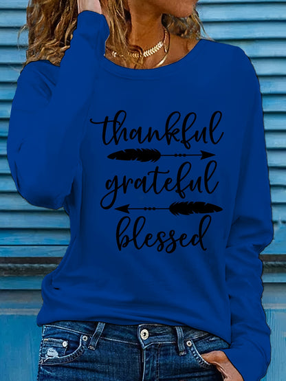 Women's Beige Thankful Grateful Blessed Print Long Sleeve T-Shirt - Loose Fit Round Neck Casual Top with Cursive Lettering & Accent, Soft Comfortable Fabric for Fall Winter Casual Attire, Thanksgiving Christian Apparel, Sprin